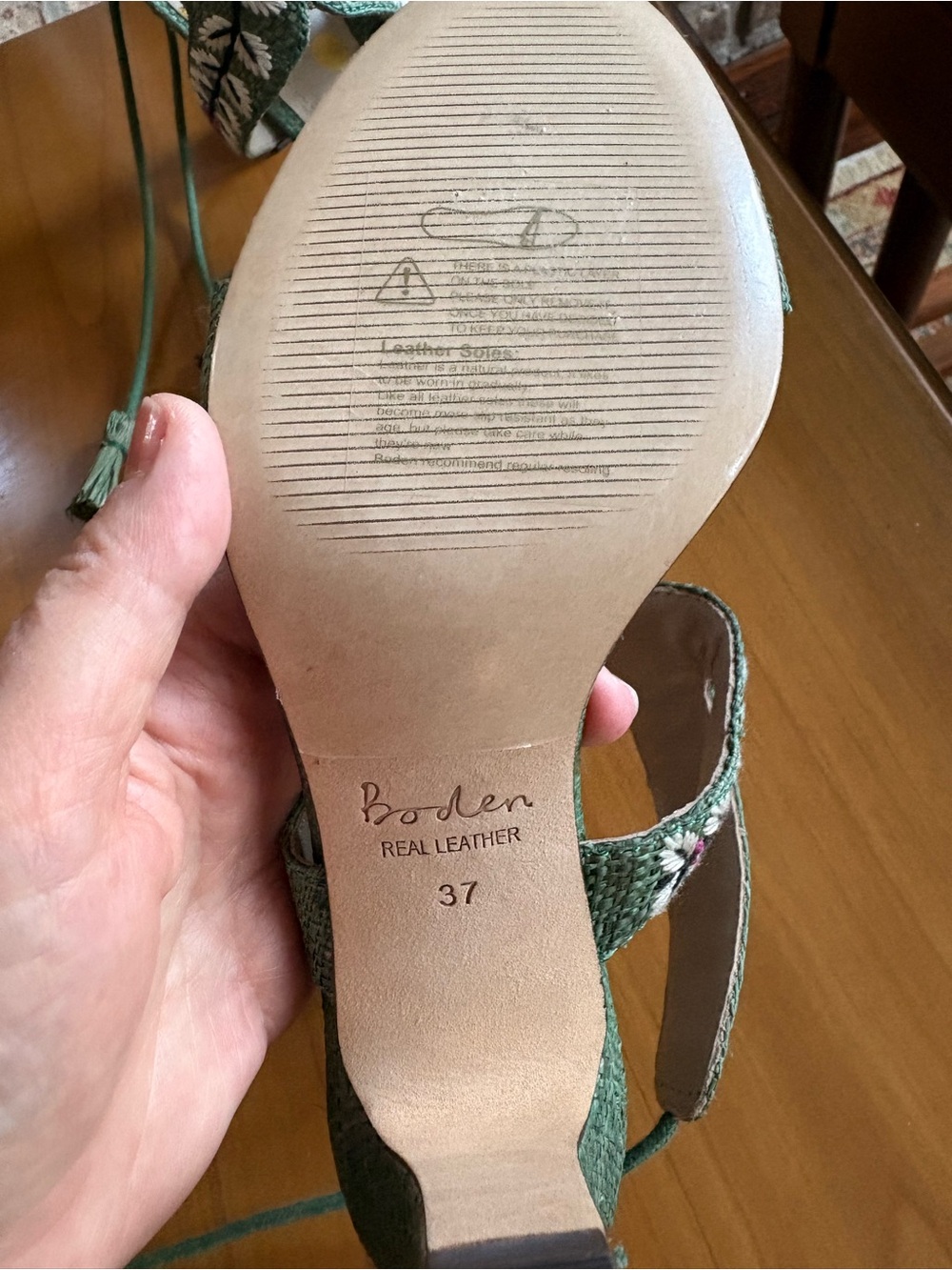 Boden Green Embroidered Ankle-Tie Sandals - Women, Size 7 - Picture 3 of 6